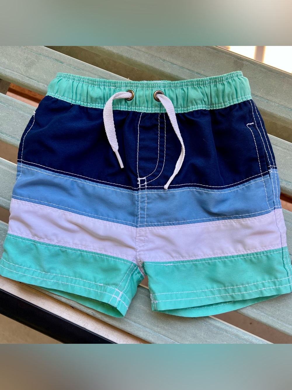 Hanna Andersson Stripe Swim Trunks 18-24M Mint Navy Blue